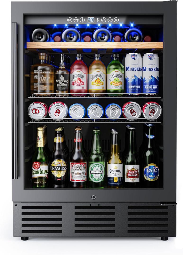 24 In Beverage Refrigerator, 112 Cans & 8 Bottles Fridge with Double-Layer Glass Door, Built-In or Freestanding and Beverage Refrigerator, Under Counter Fridge for Home/Bar/Cafe