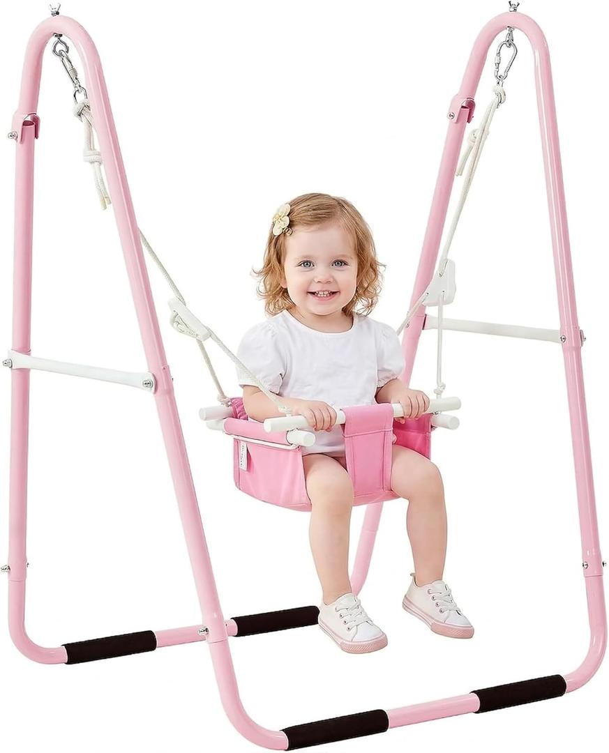 FUNLIO Baby Swing Set for Toddlers 6-36 Months, Foldable & Portable Swing for Indoor & Outdoor, Heavy Duty Metal Frame, Includes 2 Weight Bags & 4 Anti-Slip Pads, Easy to Assemble & Store  Pink