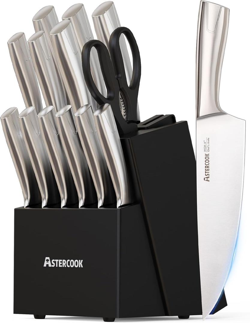 Astercook Knife Set Kitchen with Block and Sharpener Full Tang 15 Pcs Premium Stainless Steel Knives Dishwasher Safe Utensils Set with Ultra Sharp Blade and Anti-slip Ergonomic Handle, Elegant Black