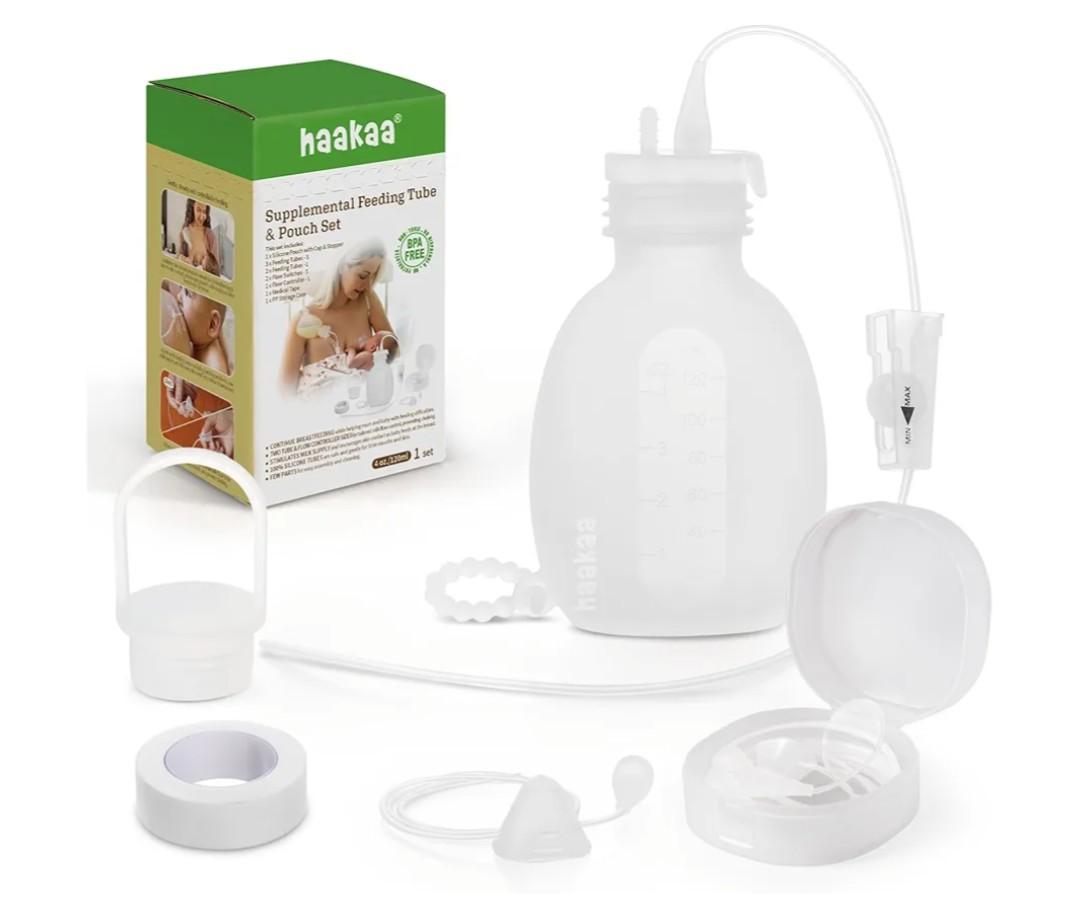 haakaa Supplemental Feeding Tube & Pouch Set, Baby Supplemental Nursing System, SNS Breastfeeding System, Food Grade Silicone, New Upgraded Design with Dual Tube Flow Control