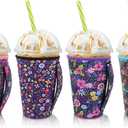 4Pack Reusable Iced Coffee Sleeve Insulator Sleeves for Cold Drinks Beverages, Neoprene Cup Holder for Most Coffee, Fits 30-32oz Large Cups (Flower With Handle)
