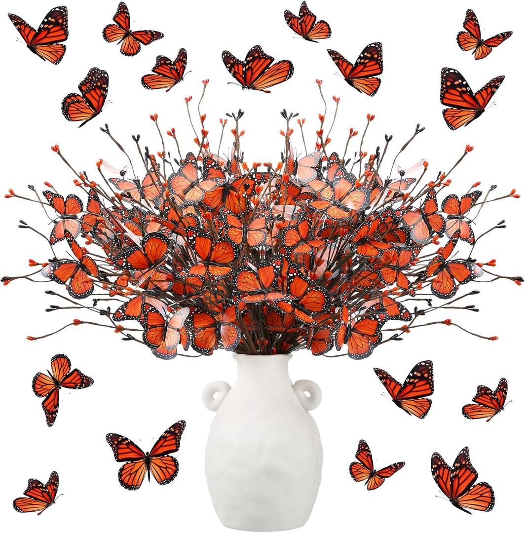 8 Pcs Monarch Butterfly Day of The Dead Decorations, Artificial Butterfly Picks Flower Bouquet for Altar Vase Filler Table Centerpiece Home Decor Halloween Floral Arrangements (Orange)