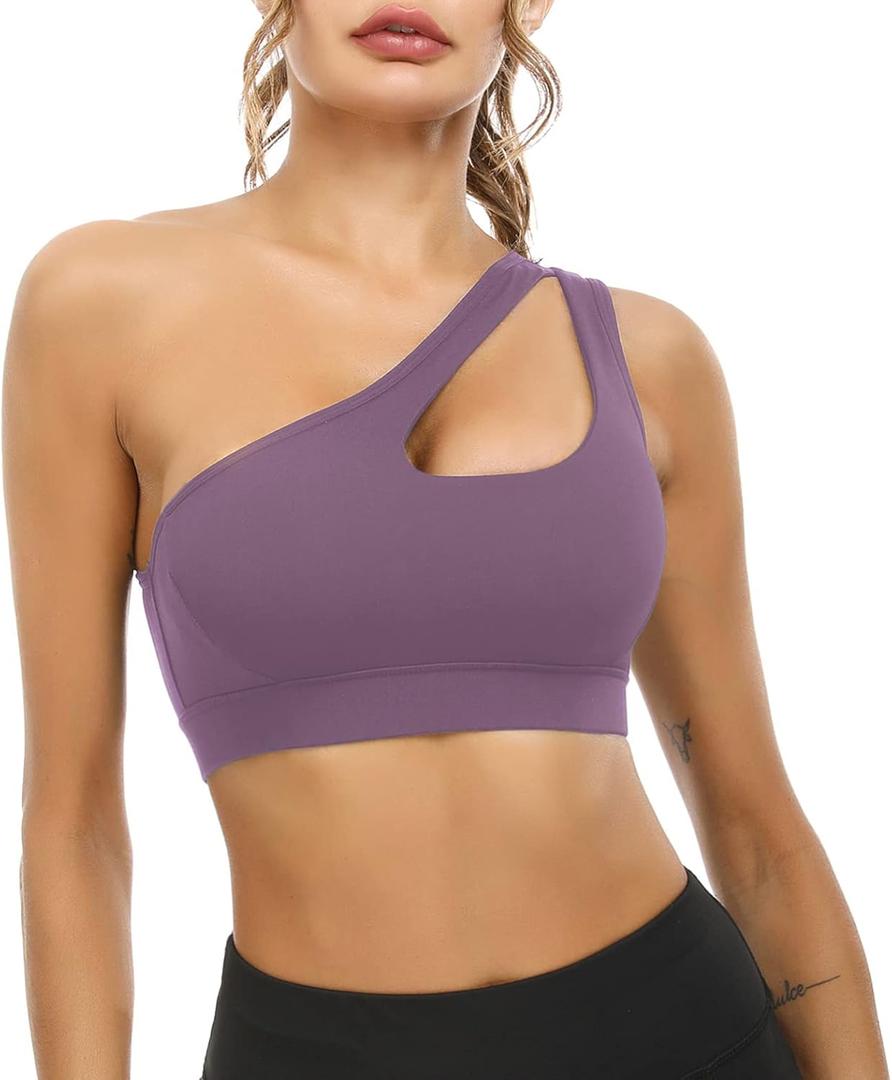 Sykooria Womens One Shoulder Sports Bras Workout Left Strap Yoga Bras Cute Medium Support Crop Tops (XX-Large, Purple Gray)
