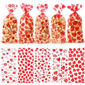100 PCS Valentines Cellophane Bags(5x11 Inch) with Ties for Candy Goodie Treat Snack Goody Cookie Small Gifts Wrap Plastic Ziplock Bag Baggies Pouch Valentine Galentine Party Favors Supplies Decor