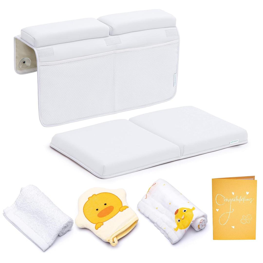 Bath Kneeler and Elbow Rest Pad, Extra Thick Baby Bath Kneeling Pad and Elbow Pad for Bathtub. Bath Tub Elbow Pad with Infant Toy and Baby Accessories Organizer, Off White Color (Large)