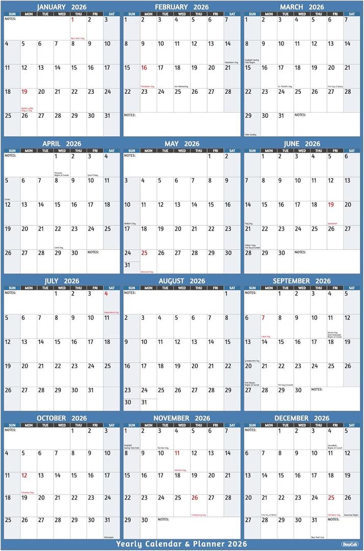 4 x 2026 Yearly Wall Calendar - Large Yearly Calendar 2026, Jan 2026 - Dec 2026, 25.2" x 38.2" (Open), 2026 Calendar, Large Wall Calendar 2026, Full Year Paper with Notes, Thicker Paper - Light blue