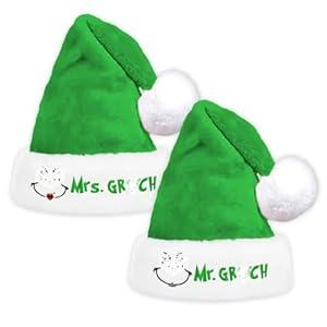 Mr and Mrs Christmas Hats for Couples, 2 Pack Green Cartoon Matching Santa Hats for Women Men, His and Hers Holiday Hat for Newlyweds Friends Family, Velvet Winter Head Wear Xmas Stocking Stuffers
