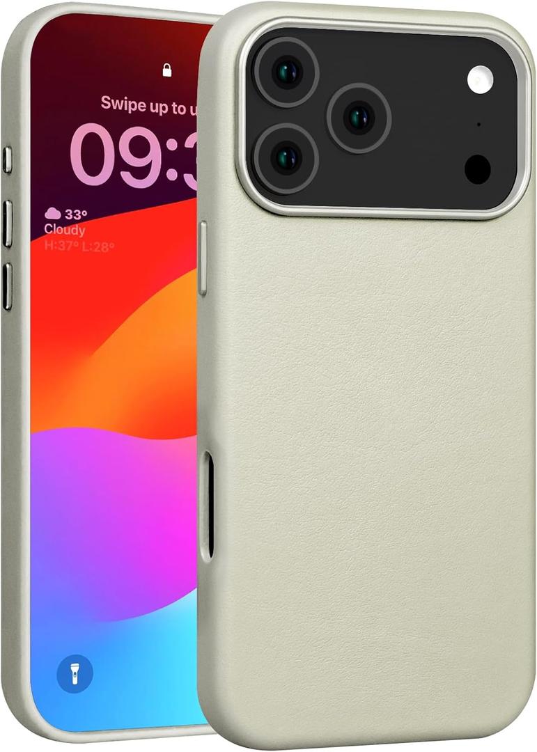 for iPhone 17 Pro Leather Case Compatible with Magsafe, Top Grain Leather, Professional Slim Fit Shockproof, Metal Buttons & Camera Bump Frame Phone Protective Magnetic Cover Gray White