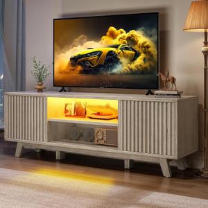 YITAHOME Television Stand for Living Room, Fluted TV Stand with LED Light for 65/ 55 Inch TV, Mid Century Modern Entertainment Center Media Console TV Cabinet with Adjustable Shelves, Walnut