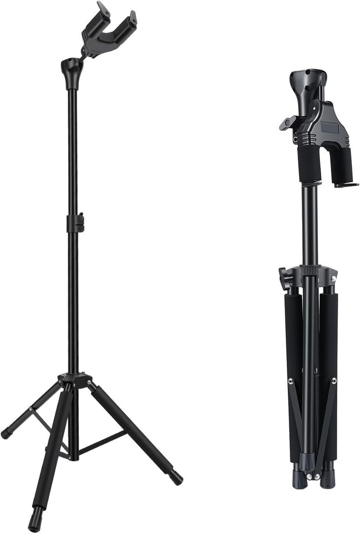 Folding Guitar Stand, Auto-Lock Bass Guitar Stand, Portable Electric Guitar Stand,Adjustable Heights Bass Stand for Stage, Travel, Studio