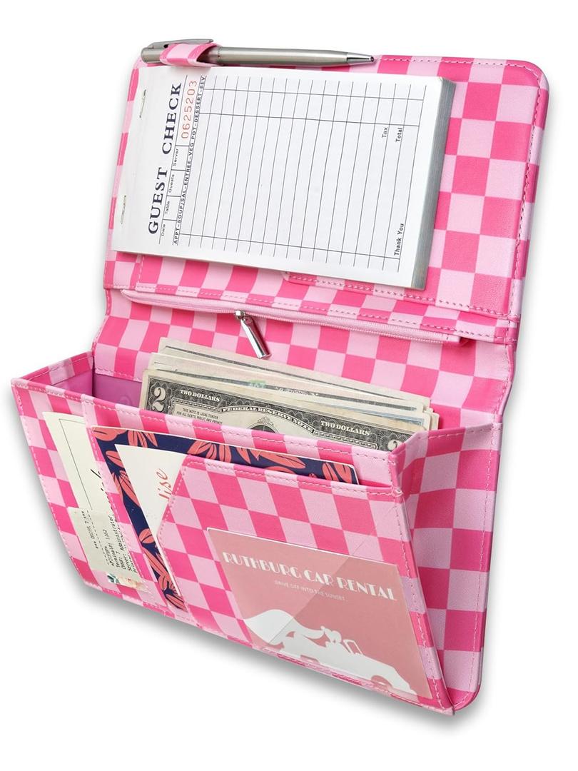 Cute Server Book for Waitress with Zipper & Magnetic Pockets  Retro Checkerboard Guest Check Holder Organizer for Restaurant Waitstaff (Hot Pink, Large)