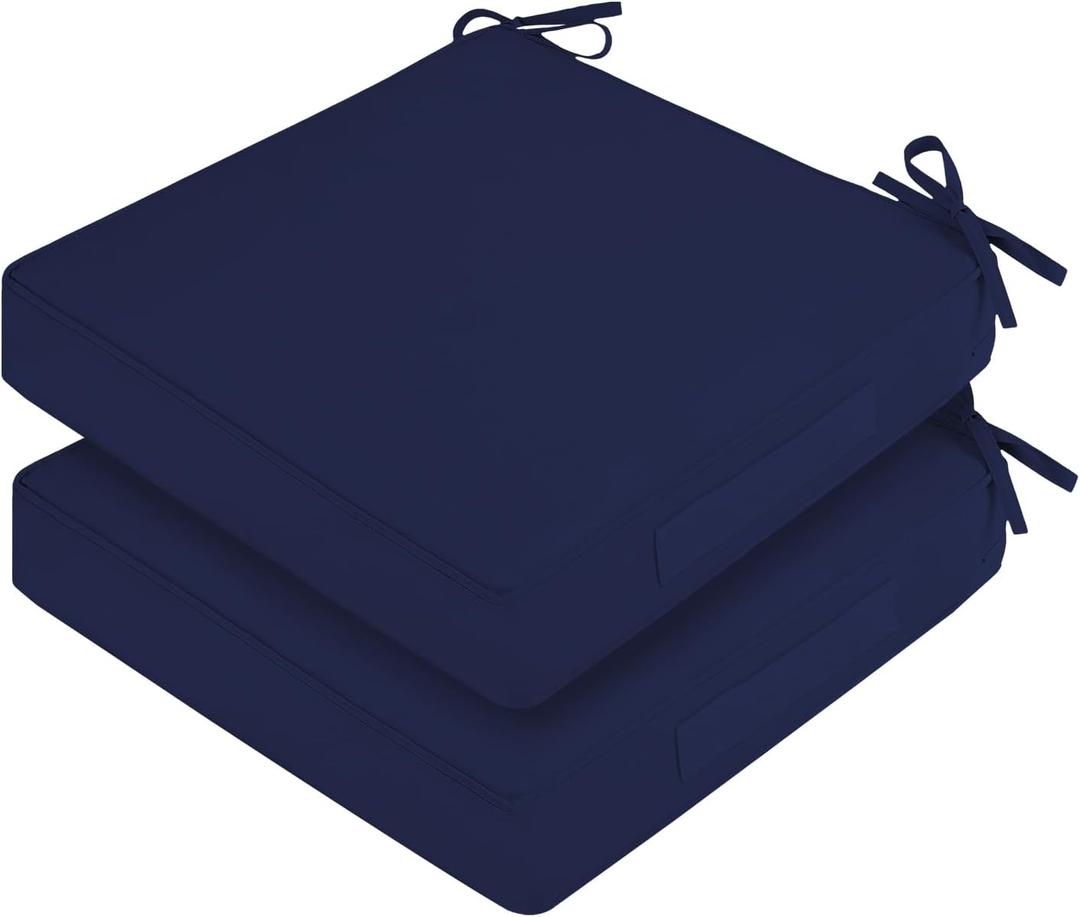 Waterproof Outdoor Chair Cushions Set of 2, Square Outdoor Seat Cushions with Ties and Removable Covers, 19 x 19 Outdoor Cushions for Patio Furniture with Portable Handle(Navy)