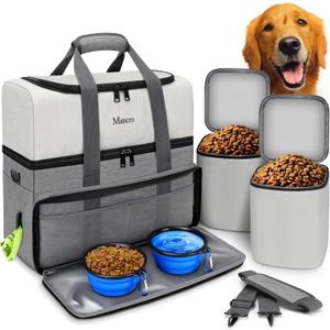 Mancro Dual Layers Dog Travel Bag, Pet Travel Bags with 2 Extra Large Food Containers, 2 Collapsible Dog Bowls, Multi-Pockets Tote Organizer for Pet Supplies, Road Trip Essentials, Weekend Camping (Dark Grey)