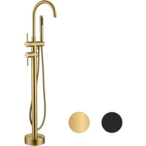 Freestanding Tub Faucet Floor Mount Tub Fillers, Senhozi Brushed Gold Free Standing Tub Faucets, Mixer Tap Two Handle Gold Freestanding Bathtub Faucet with Hand Shower, SE-3001-BG