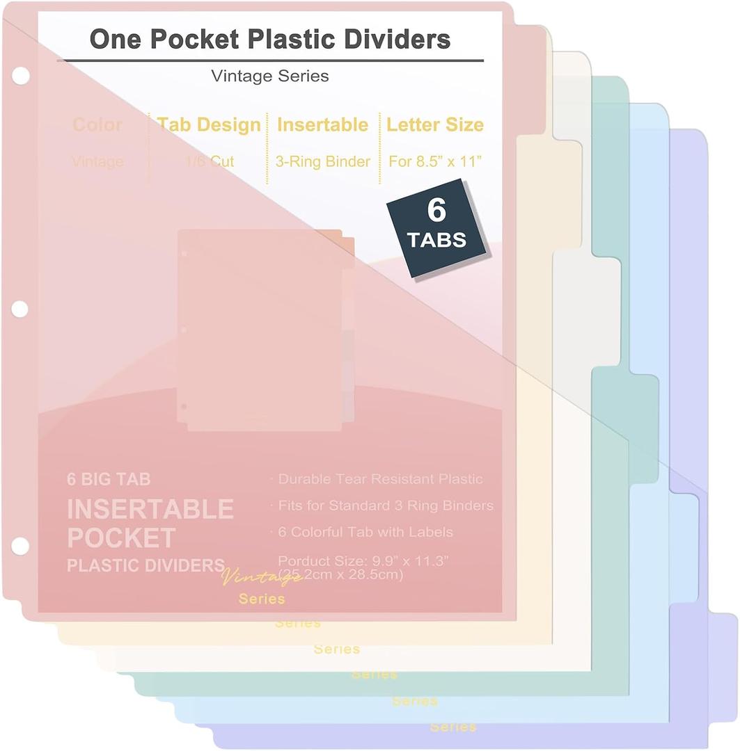 6 Tabs Binder Dividers with Pockets, Binder Dividers with Tabs for 3 Ring Binder Letter Size, Durable Plastic Binder Organizer, Vintage, 1 Set (Pink)