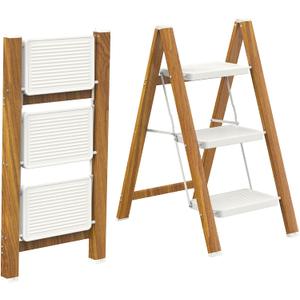 HBTower Step Ladder,Lightweight Aluminum Folding Step Stool with Anti-Slip Wide Pedal,330lbs Capacity Step Ladder for Household,Kitchen,Office - WhiteWoodgrain