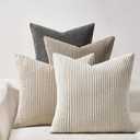 Topfinel 4 Packs Natural Decorative Throw Pillows Covers 22x22 Inch for Living Room Couch Bed Sofa, Rustic Farmhouse Boho Neutral Home Decor, Soft Plush Striped Corduroy Square Cushion Case 40x40 cm