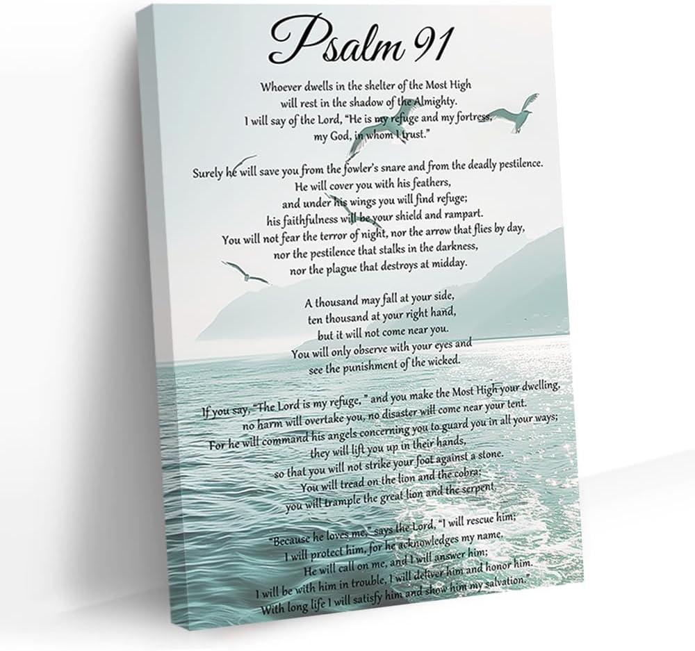 QIXIANG Bible Verse Wall Art Psalm 91 Picture Wall Decor Religious Paintings Christian Scripture Artwork Church Decor Framed(Blue,16L x 24W)