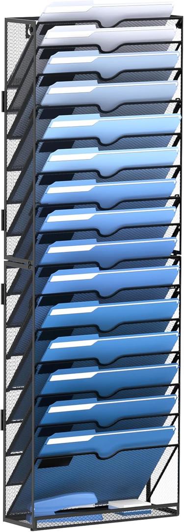 DALTACK Wall File Holder 16 Tier Hanging Wall File Organizer, for Papers Mails Folders Clipboard Magazine Organization for Office Home, Mesh Metal, Assembly Needed, Black