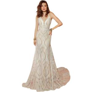 Boho Lace Wedding Dresses for Brides Mermaid Spaghetti Straps Beach Bridal Gowns (8)