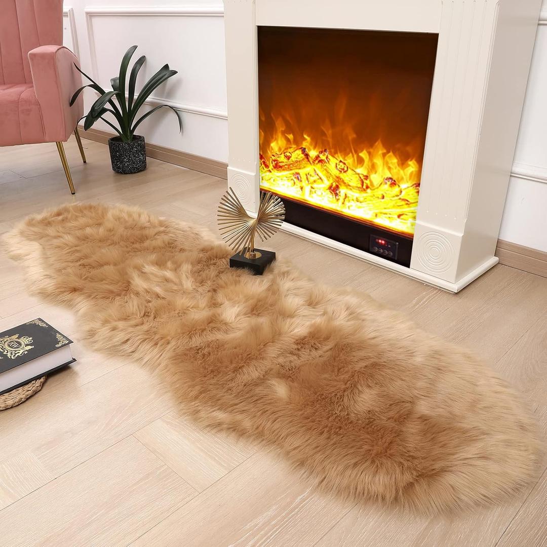 Faux Fur Rug Sheepskin Rug Super Soft Fluffy Plush Area Rug Bedroom Floor Children's Room Sofa Cushion Living Room Runners Bedside Rugs (Brown,2x6 ft Sheepskin)
