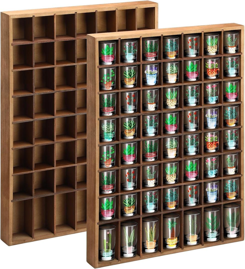 Barydat Shot Glass Display Case Wood Shot Glass shelf holder 56 Compartments Wall-mounted Rustic Bar Cabinet(Brown, 2 Pcs)