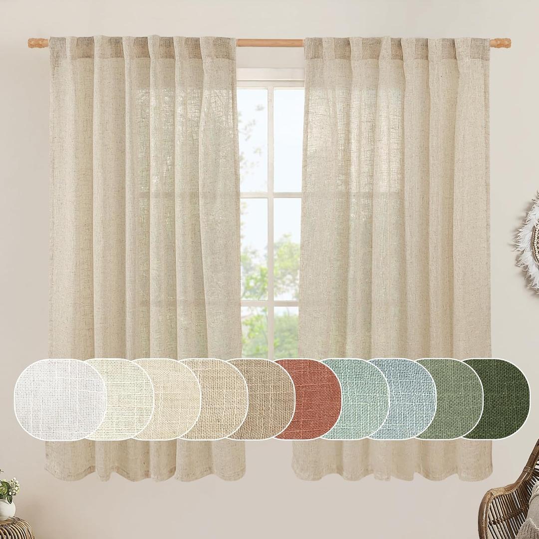 LAMIT Natural Linen Blended Curtains 63 Inch for Bedroom, Light Filtering Semi Sheer Burlap Curtains Farmhouse Boho Back Tab and Rod Pocket Drapes for Dining Room, 2 Panels (52 x 63 Inch, Linen)