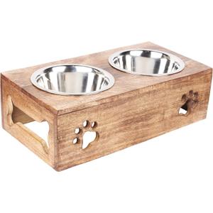 Paw Design Wooden Pet Feeder Station Stand with 2 Stainless Steel Bowls | Raised Dog Bowl Elevated Cat & Puppy Dining Table | 16 x 8.5 x 5 Inches