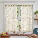 jinchan Floral Kitchen Curtains 45 Inch Linen Tier Curtains Farmhouse Cafe Half Window Drapes for Small Windows Light Filtering Sage Green on Beige for Living Room Bathroom Back Tab 2 Panels