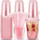16oz Disposable Stemless Glasses With Strawless Sip Lids and Straws,PET Disposable Drinking Cups,Clear Plastic Wine Glasses for Parties Birthday,Wedding,Meeting,Party Supplies. (50, Pink)