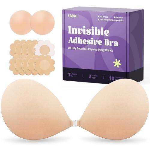 Invisible Strapless Sticky Bra Push up for Women, Ultra Adhesive Bra for Backless Dress, Cleavage Bra Lift with Kit (B Cup, Beige)