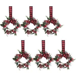 idyllic 6PCS 9-Inch Christmas Mini Wreaths for Kitchen Cabinets - Snowy Cedar Garland with Plaid Ribbon, Red Berry Pine for Holiday Decor