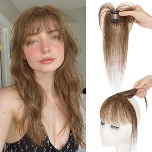 S-noilite Bangs Hair Clip,360 3D Cover Real Clip in Bangs Human Hair Toppers for Women With Wispy Bang Daily Wear Medium Brown