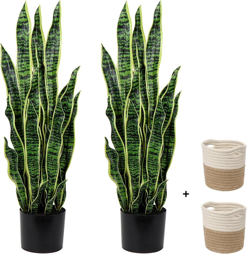 2 Set Large Fake Snake Plant 35 Inch Sansevieria Plant Artificial Snake Plants in Pots with Woven Basket Faux Mother In Law Tongue Plant - 30 Leaves Fake Laurentii for Indoor Outdoor Home Office Decor