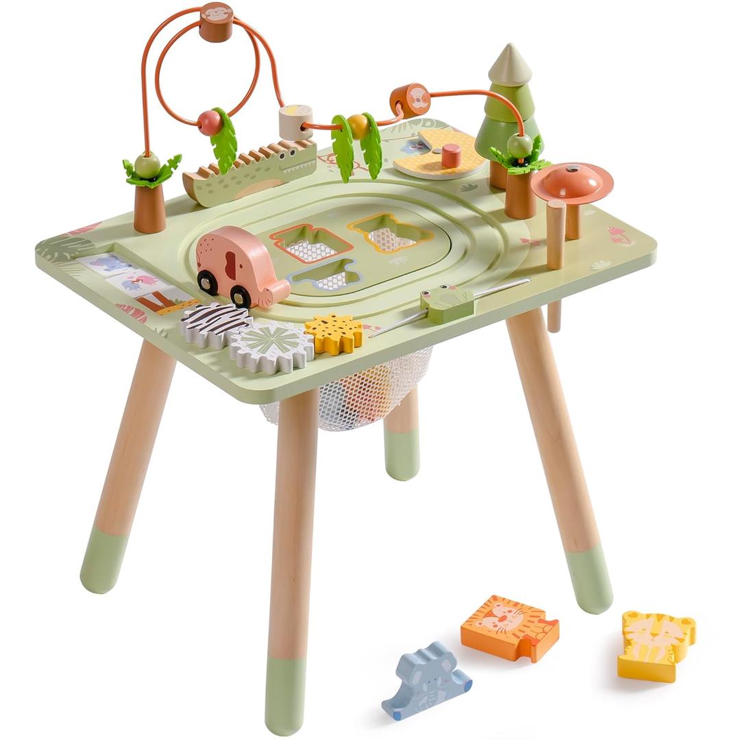 ROBUD Activity Table, 11-in-1 Montessori Learning Table with Bead Maze, Gears, Track, Shape Matching, Storage & More, Wooden Montessori Toys for Toddler, Educational Gift for Baby Boys Girls, Green