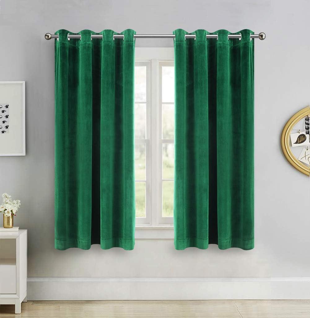 SINGINGLORY Green Velvet Curtains 52 x 63 Inch, Blackout Thermal Insulated Grommet Window Curtain 2 Panels Set for Bedroom and Living Room (W52 xL63, Dark Green)