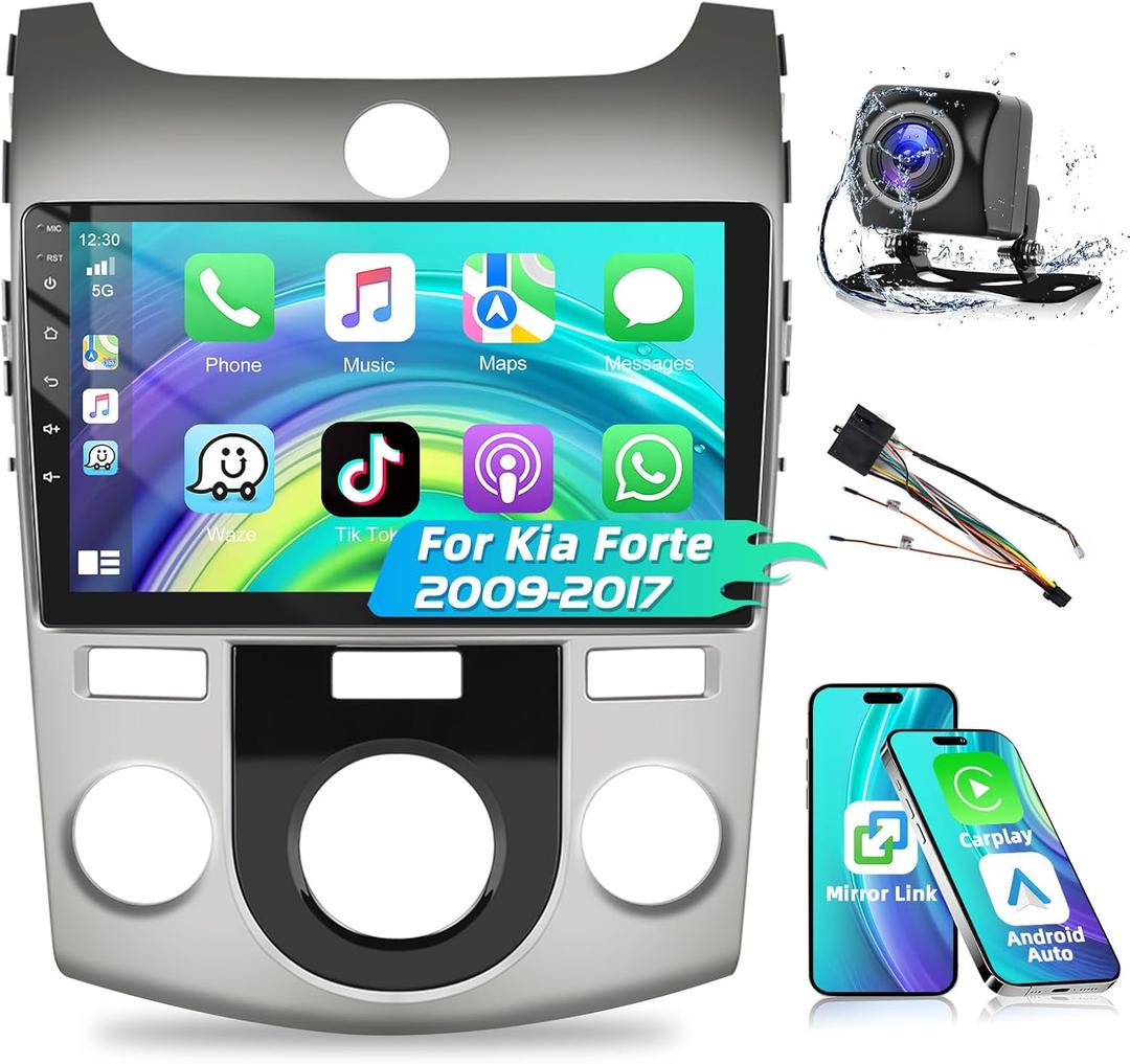 Car Stereo Radio for Kia Forte 2009 2010 2011 2012 2013 2014 2015 2016 2017 with Wireless CarPlay Android Auto 9" Touch Screen Bluetooth Audio with GPS Mirror Link WiFi RDS Hi-Fi Backup Camera MIC