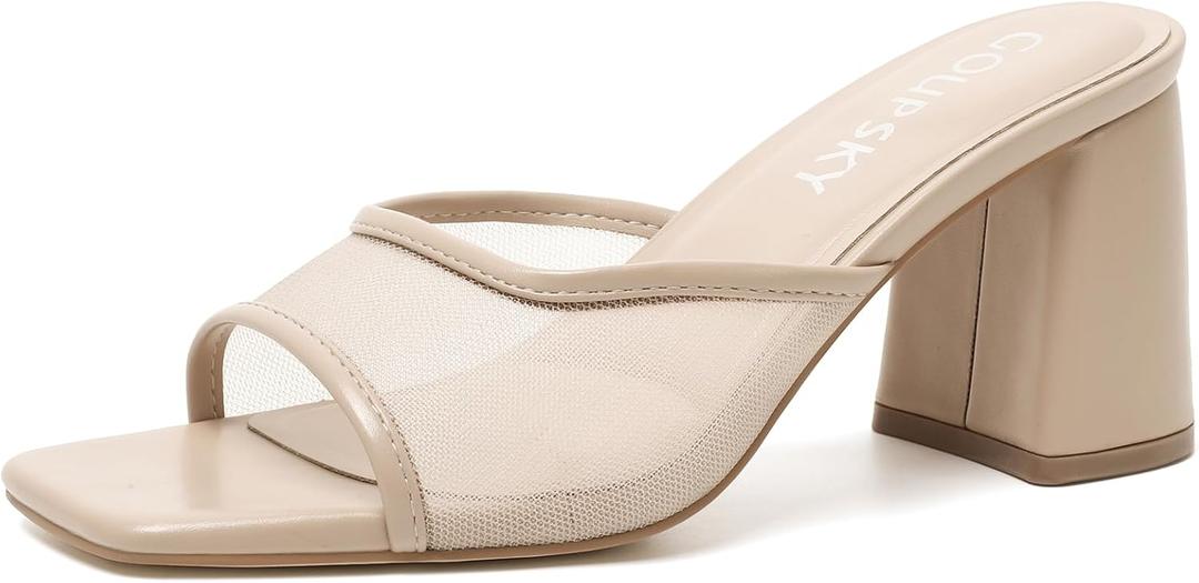 Women's Chunky Heel Mules Slip On Square Open Toe Mesh Sandals Summer Dressy Block Heeled Shoes for Vacation Party Wedding,Size: 7
