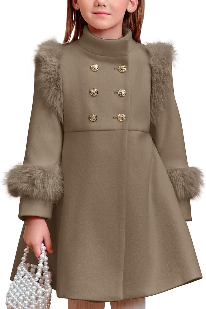 Haloumoning Toddler Girls Faux Fur Dress Coat Kids Winter Warm Jacket Long Sleeve Button Wool Coat 12 Months - 12 Years (Camel)