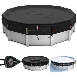 QH.HOME 28 Ft Heavy Duty Winter Pool Cover for 27/28 Ft Steel Wall Pool, 4 ft Overlap (32 ft Cover Size) [Excellent Windproof ] Fast Tightening Ratchet & Counterweight Ring,Cold and UV Resistant