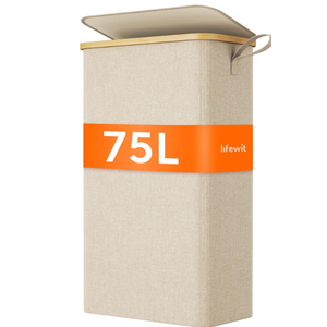 Lifewit 75L Slim Laundry Hamper with Lid, Narrow Laundry Basket with Removable Bag & Bamboo Handles, Fodable Thin Dirty Clothes Hamper for Laundry Collapsible Bin for Bathroom Bedroom Dorm, Beige (16.54"L x 9.84"W x 28.35"H)