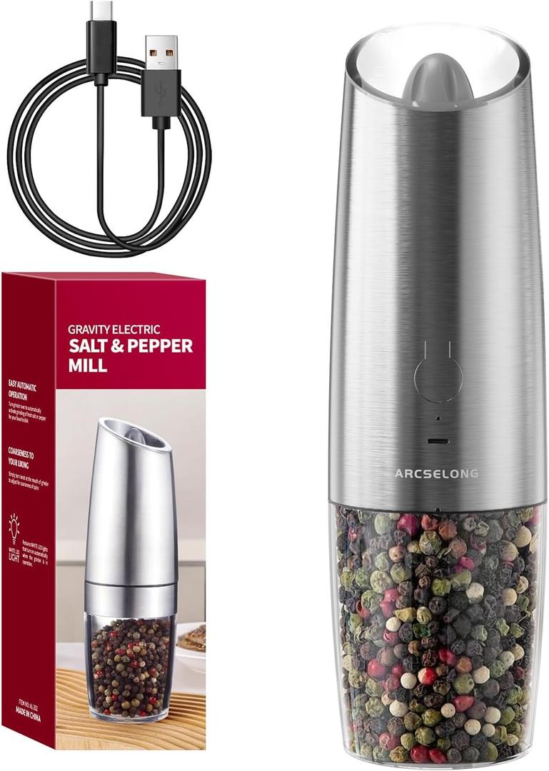 USB-C Rechargeable Gravity Electric Salt and Pepper Grinder, Adjustable Coarseness, White LED Light, One-Touch Activation For Spices and More (Single, Stainless Steel-Rechargeable)