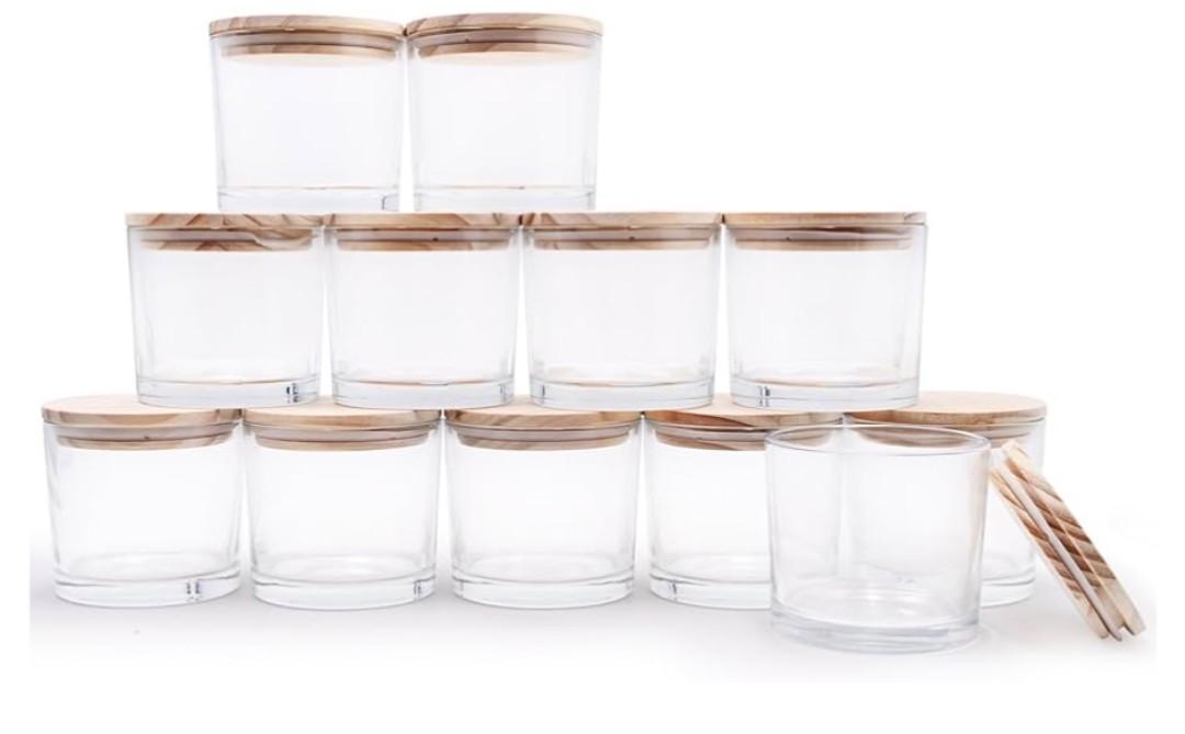 12 OZ Thick Candle Jars for Making Candles 12 Pcs, Empty Jars with Wood Lids for Spice Jars, Sample Container, Clear