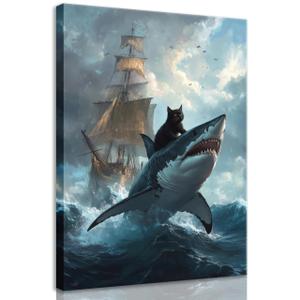 Cartoon Cute Black Cat Wall Art Retro Black Cat Vs Shark Wall Decor Funny Quirky Cat Print Poster Renaissance Animal Canva Painting Picturefor Room Bedroom Living Room Bathroom Framed