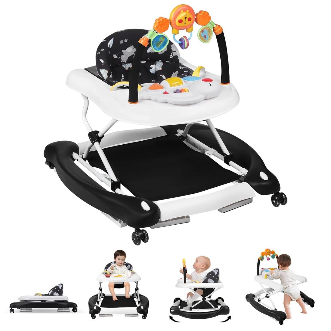 Baby Walker, 5 in 1 Baby Walkers for Boys and Girls 6-12 Months, Foldable Walkers for Babies with Bouncer & Feeding Tray, Music, Adjustable Heights, Activity Walker for Infant