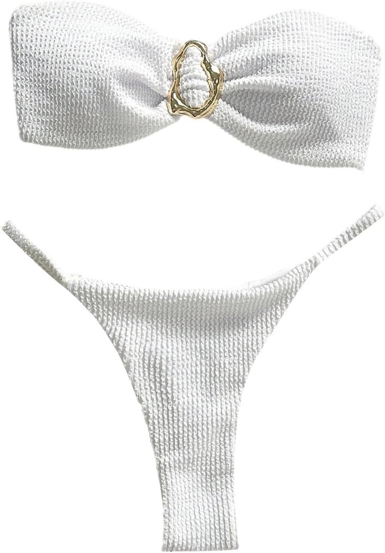 SHENHE Women's Strapless Brazilian Thong Bikini Set Metal Ring 2 Piece Bandeau Tube Swimsuits (Large, White)