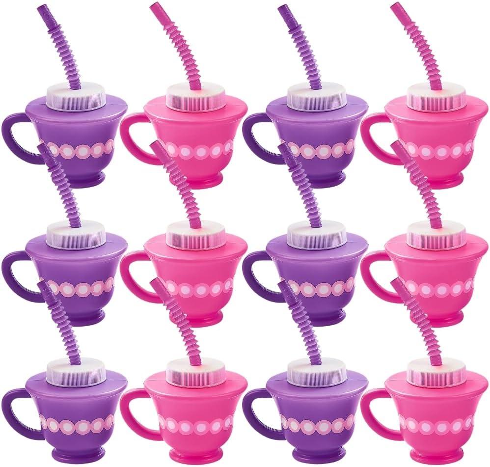 Fun Express Tea Party Cups Set of 12 with Lids and Straws - Pink & Purple Plastic Tea Cups for Kids Party Decorations | 8oz Disposable Party Favor Cups for Princess Birthday Parties & Events