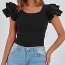 PRETTYGARDEN Women's Ruffle Short Sleeve Shirts 2026 Summer Casual Basic Tee Cute Fitted Crew Neck Fashion Tops Clothes (Black, M)