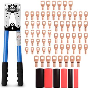 Battery Cable Lug Crimping Tool Kit for AWG 10-1/0 Electrical Lug Crimper with 64pcs Ring Terminals and 110pcs Heat Shrink Tubing