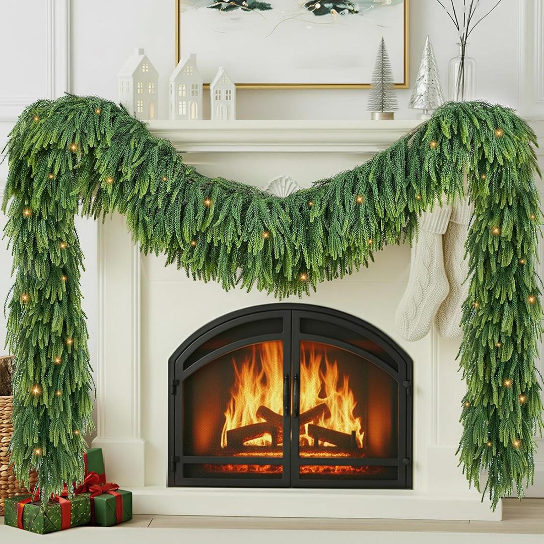 Christmas Garland for Mantle Outdoor - Decoraitons with Light 9ft Prelit Greenery Norfolk Pine Garlands for Stairs Railing Realistic Light Up Home Decoration for Indoor Fireplace Decor NEW-2SNFK-9FT-1